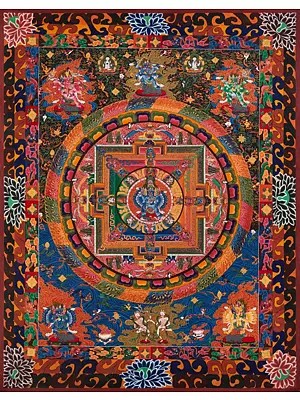 Colorful Yamantaka /Vajrabhairava Mandala Surrounded by Dharmapalas (Brocadeless Thangka)