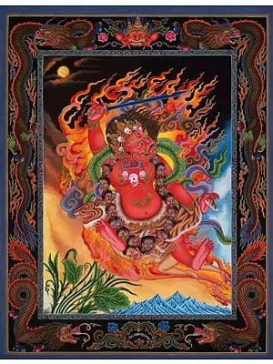 Red Bhairava Mahakala Thangka (Brocadeless Thangka)