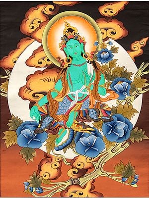 Tibetan Buddhist Deity, Green Tara, Amidst A Plethora Of Clouds