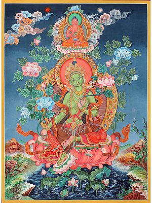 Superfine Tibetan Buddhist Deity Green Tara - Brocadeless Thangka