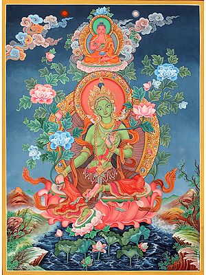 Superfine Tibetan Buddhist Deity Green Tara - Brocadeless Thangka