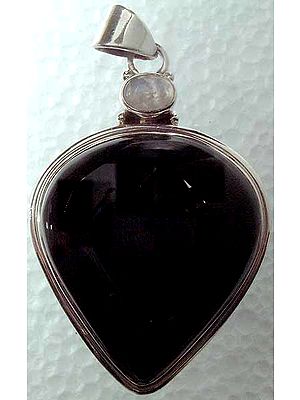 Inverted Tear Drop Pendant of Black Onyx with Rainbow Moonstone