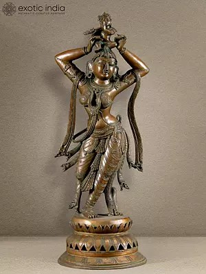 21" Bala Krishna Playing The Flute with His Mother | Bronze Statue