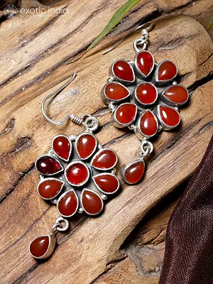Floral Design Sterling Silver Earrings with Carnelian Gemstone
