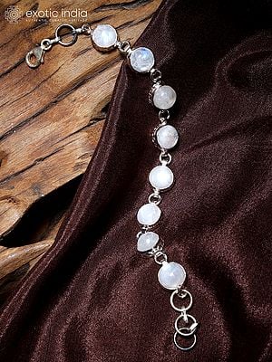 Sterling Silver Bracelet with Round Shaped Rainbow Moonstone