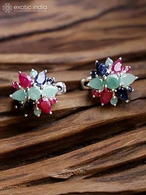 Sapphire, Ruby and Emerald Floral Sterling Silver Earrings