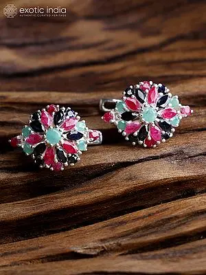 Sterling Silver Earrings with Faceted Sapphire, Ruby and Emerald