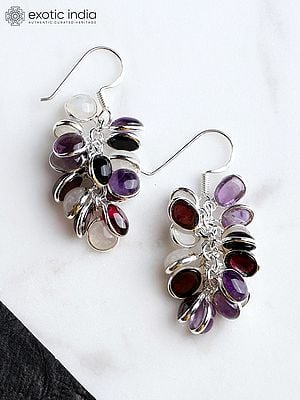 Sterling Silver Bunch Earrings with Garnet, Moonstone, and Amethyst