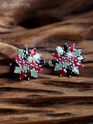 Floral Sterling Silver Earrings with Faceted Sapphire, Ruby and Emerald