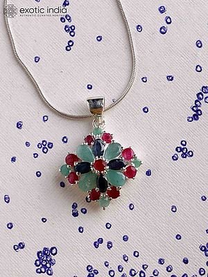 Rhomboid Sterling Silver Pendant with Sapphire, Ruby and Emerald