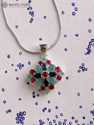 Rhomboid Sterling Silver Pendant with Sapphire, Ruby and Emerald
