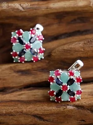Rhomboid Sterling Silver Earrings with Sapphire, Ruby and Emerald