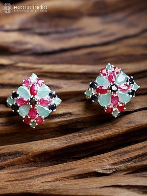 Diamond Shape Sterling Silver Earrings with Sapphire, Ruby and Emerald