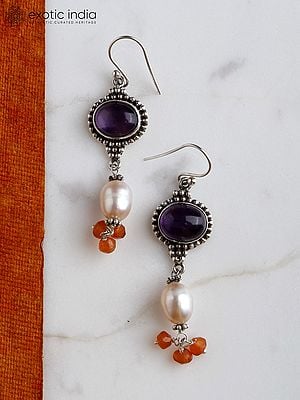 Sterling Silver Earrings with Amethyst, Carnelian and Pearl