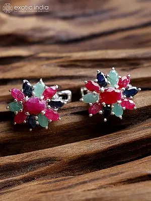 Floral Sterling Silver Earrings with Faceted Sapphire, Ruby and Emerald