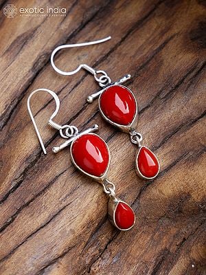 Dangling Sterling Silver Earrings with Drop Shape Red Onyx