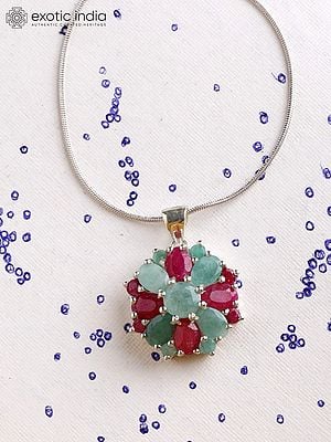 Floral Sterling Silver Pendant with Faceted Ruby and Emerald