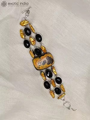 Sterling Silver Bracelet with Yellow Agate and Black Spinel
