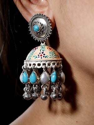 Beautiful Sterling Silver Jhumki with Turquoise and Pearls