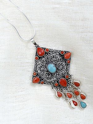 Sterling Silver Filigree Pendant with Coral and Turquoise