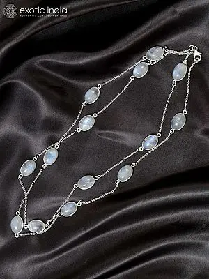 Oval Cut Rainbow Moonstone Long Necklace