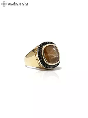Golden Rutile Ring with Black Spinel Gemstone