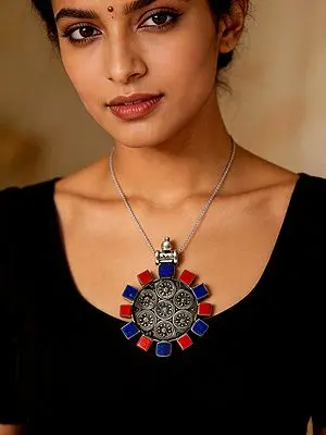 Circular Sterling Silver Pendant with Coral and Lapis Lazuli