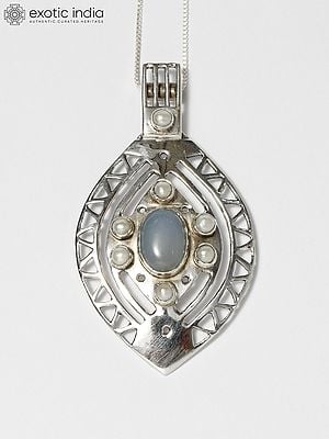 Designer Sterling Silver Pendant with  Blue Chalcedony and Pearls