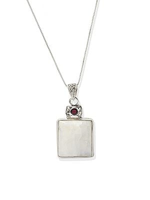 Square Rainbow Moonstone Pendant with Faceted Garnet