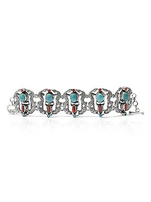 Sterling Silver Tibetan Dragon Design Bracelet with Coral and Arizona Turquoise