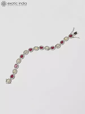 Sterling Silver Bracelet with Oval Shape Ruby, Opal and Cubic Zirconia