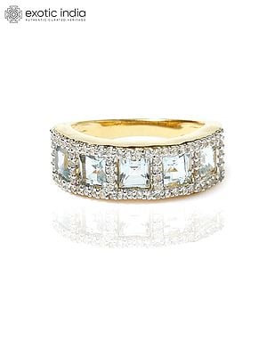 Gold-Plated Sterling Silver Ring with Blue Topaz and Cubic Zirconia