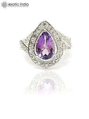 Pear Cut Amethyst Birthstone Ring with Cubic Zirconia