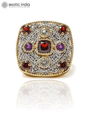 Square Shape Gold-Plated Sterling Silver Ring with Garnet, Amethyst and Aquamarine