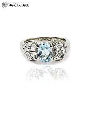 Faceted Blue Topaz Gemstone Ring with Cubic Zirconia