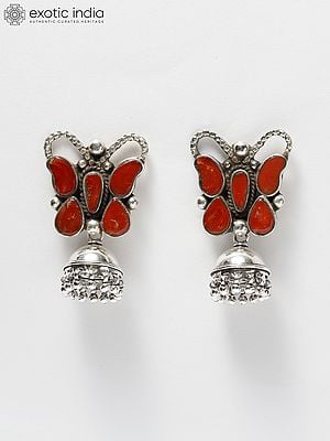 Butterfly Design Sterling Silver Jhumki Earrings with Coral