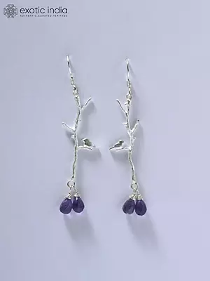 Birds on Tree Branch Sterling Silver Earrings with Faceted Gemstone
