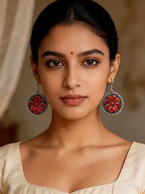 Round Shape Hook Earrings with Coral Gemstone