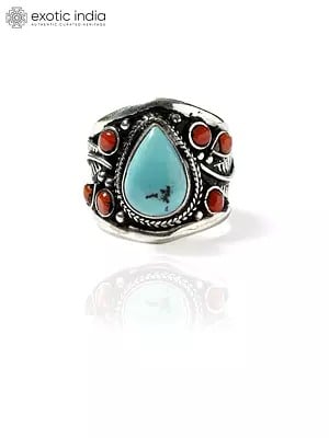 Turquoise Adjustable Ring with Coral Gemstones