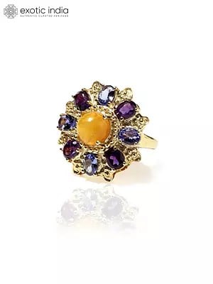 Floral Design Tanzanite and Amethyst Ring with Opal In Center