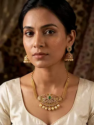 Brass Attractive Necklace Set in Green Stone and White Pearl with Earrings
