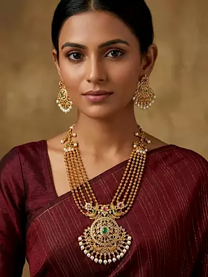 Brass Floral and Stone Work Designer Necklace with Earrings