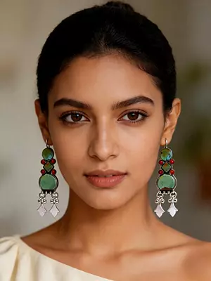Geometric Design Tibetan Turquoise and Coral Sterling Silver Earrings