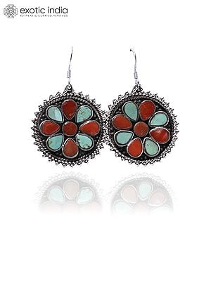 Round Hook Earrings With Coral and Tibetan Turquoise