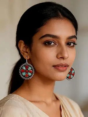 Round Shape Floral Design Coral and Tibetan Turquoise Stone Earrings