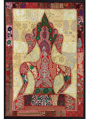 Poppy-Red Hand-Crafted Meditating Buddha Wall Hanging from Gujarat with Upcycled Embroidery Patchwork