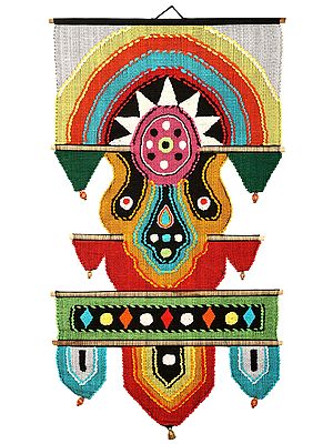 Multicolored Cotton Handmade Tribal Wall-Hanging with Wooden Beads and Brass Bells from Maharashtra