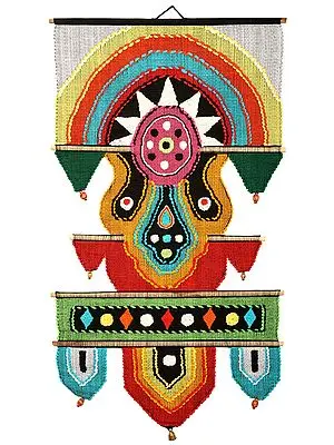 Multicolored Cotton Handmade Tribal Wall-Hanging with Wooden Beads and Brass Bells from Maharashtra