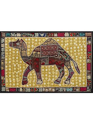 Warm-Sand Hand-Crafted Camel Wall Hanging from Gujarat with Upcycled Embroidery Patchwork