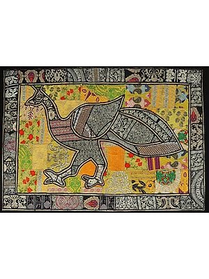 Caviar-Black Hand-Crafted Peacock Wall Hanging from Gujarat with Upcycled Embroidery Patchwork